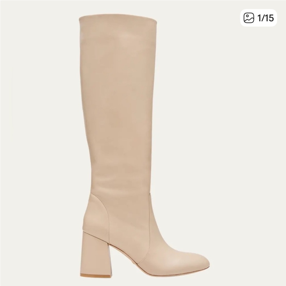 Stuart Weitzman Flareblock 85 Leather Heeled Boots - Dune - Picture 4 of 14